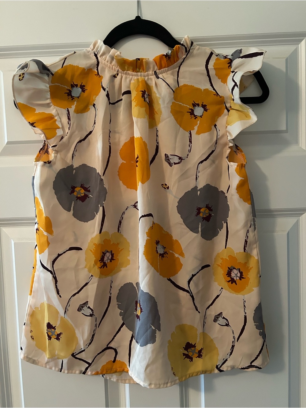 Floral Ruffle Sleeve Tank Top - Yellow/Peach/Gray S